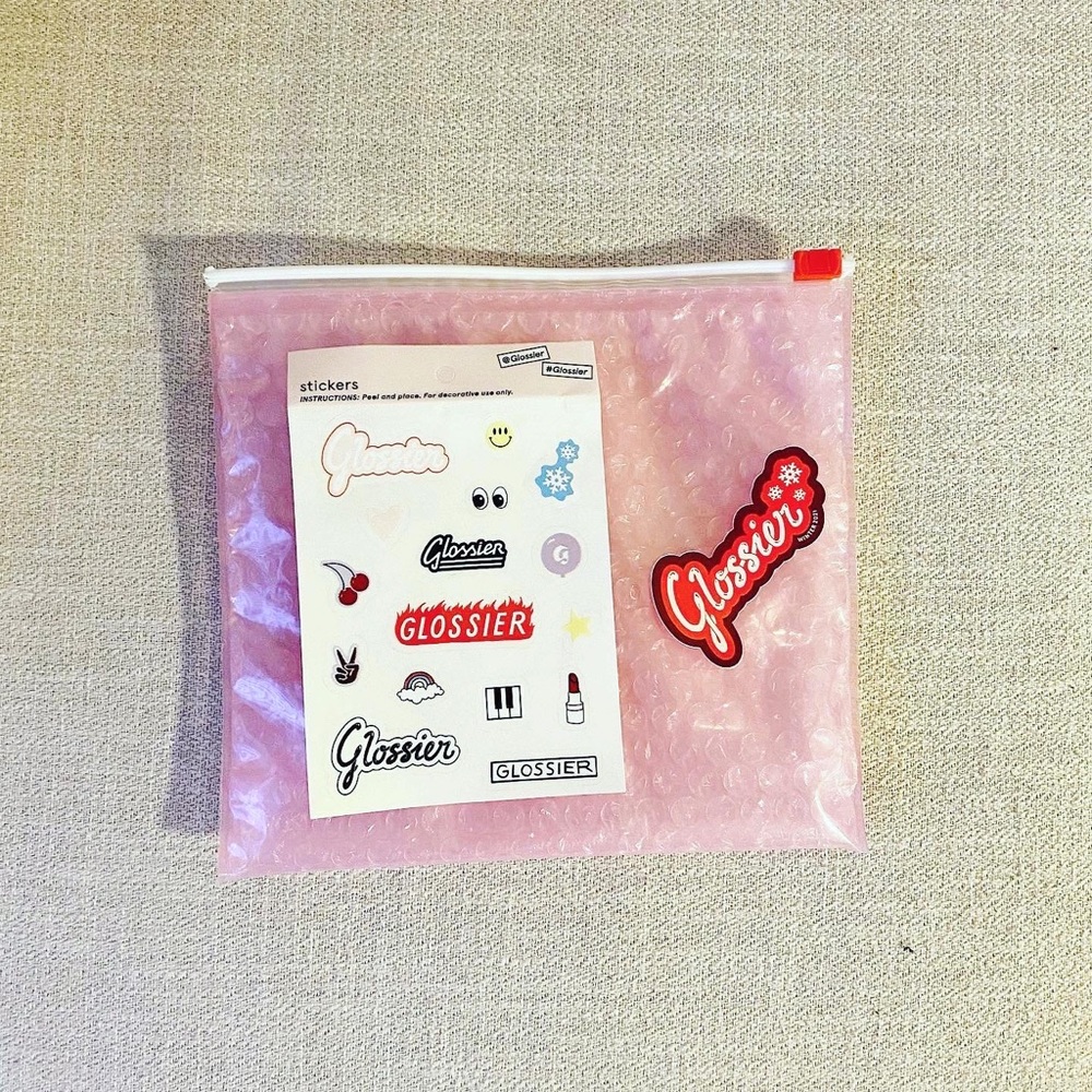 Glossier Pink Pouch + Sticker Sheet Bundle